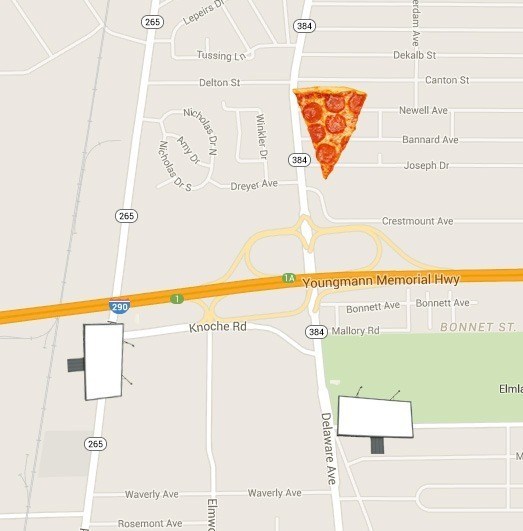 A Google Maps screenshot with a slice of pizza and billboards edited in